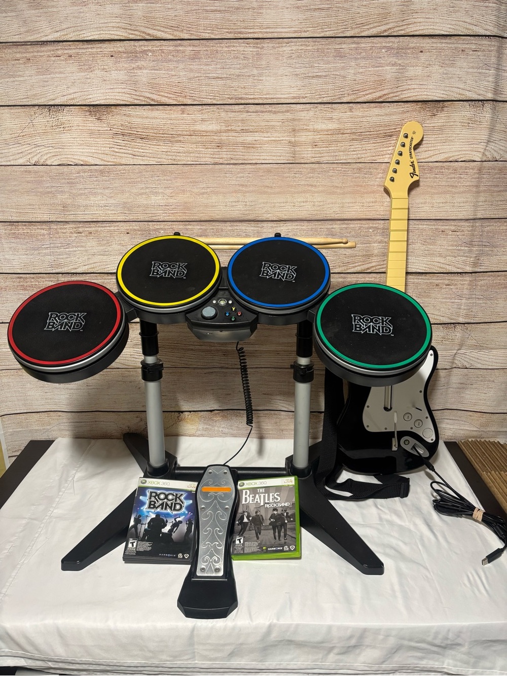 Microsoft Xbox 360 Rock Band Bundle Drum Set with Guitar,Mic And 2 Games Tested